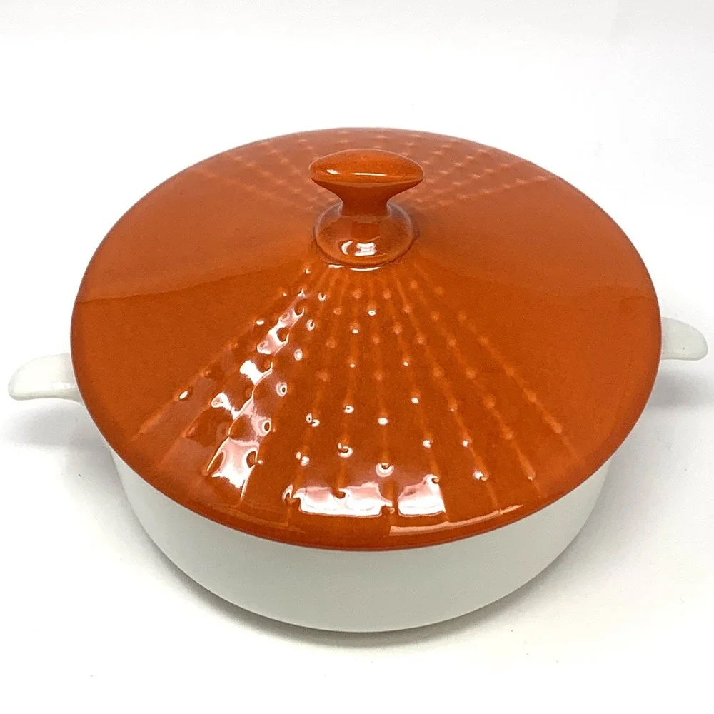 Mid Century Ceramic White Orange Lidded Serving Dish Domed Lid Textured Handles